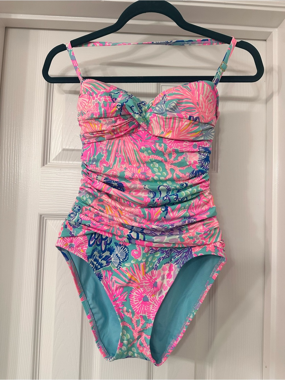 Lilly Pulitzer Pink Aqua Floral Ruched One-Piece Swimsuit